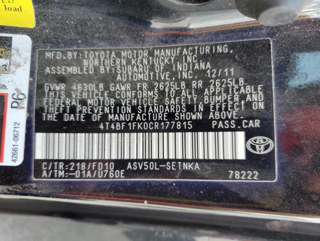 Photo 10 from auction – 2012 TOYOTA CAMRY BASE with VIN 4T4BF1FK0CR177815