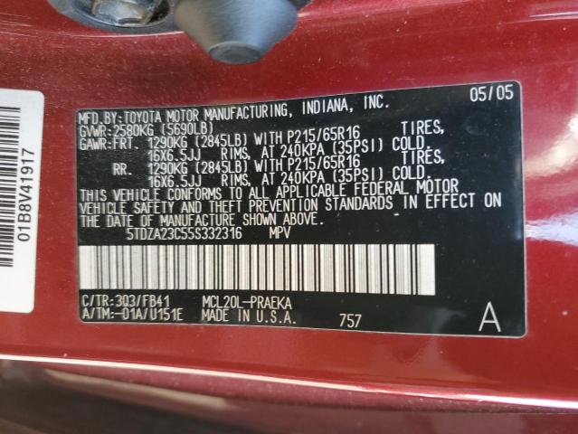 Photo 10 from auction – 2005 TOYOTA SIENNA CE with VIN 5TDZA23C55S332316