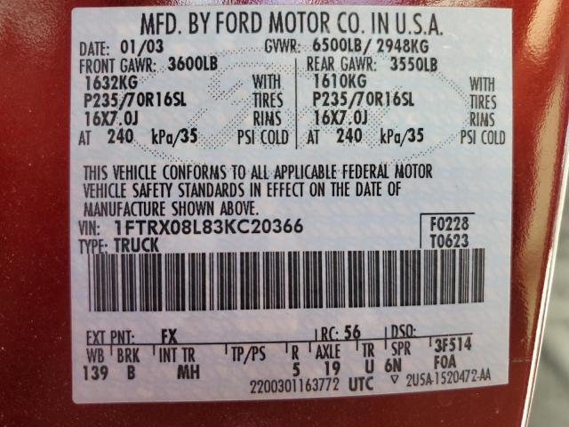 Photo 10 from auction – 2003 FORD F150 with VIN 1FTRX08L83KC20366