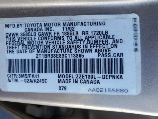 Photo 10 from auction – 2003 TOYOTA COROLLA CE with VIN 2T1BR38E83C113365