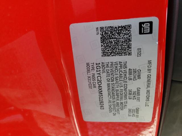Photo 10 from auction – 2021 CHEVROLET CORVETTE S with VIN 1G1YC2D4XM5119243