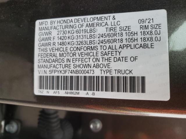 Photo 10 from auction – 2022 HONDA RIDGELINE with VIN 5FPYK3F74NB000473
