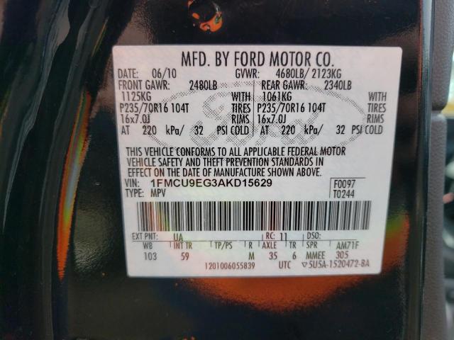 Photo 10 from auction – 2010 FORD ESCAPE LIM with VIN 1FMCU9EG3AKD15629
