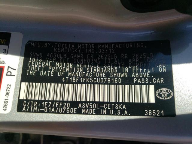 Photo 10 from auction – 2012 TOYOTA CAMRY BASE with VIN 4T1BF1FK5CU078160