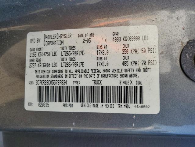 Photo 10 from auction – 2005 DODGE RAM 2500 S with VIN 3D7KR28C05G797934