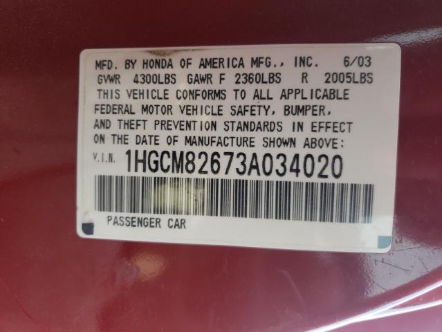 Photo 10 from auction – 2003 HONDA ACCORD EX with VIN 1HGCM82673A034020