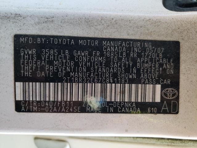 Photo 10 from auction – 2007 TOYOTA COROLLA with VIN 2T1BR32E67C841183