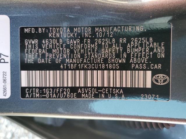 Photo 10 from auction – 2012 TOYOTA CAMRY BASE with VIN 4T1BF1FK3CU181805