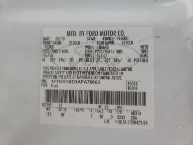 Photo 10 from auction – 2010 FORD RANGER with VIN 1FTKR1AD3APA76603
