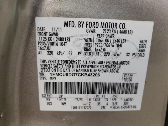 Photo 10 from auction – 2012 FORD ESCAPE XLT with VIN 1FMCU9DG7CKB43206