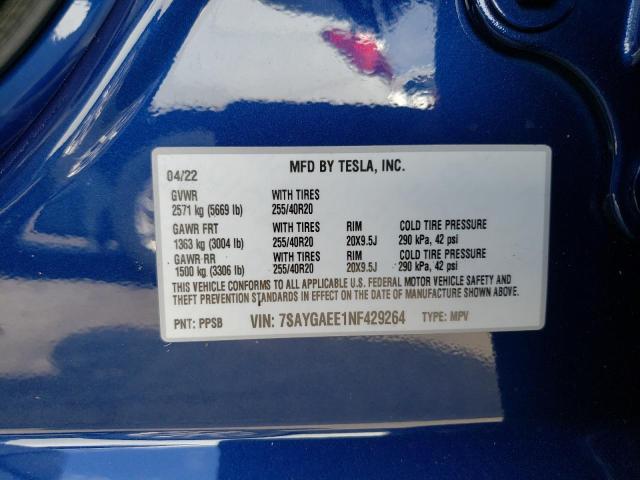 Photo 10 from auction – 2022 TESLA MODEL Y with VIN 7SAYGAEE1NF429264