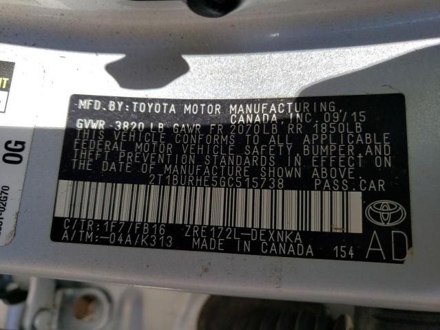 Photo 10 from auction – 2016 TOYOTA COROLLA L with VIN 2T1BURHE5GC515738