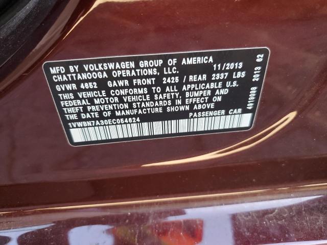 Photo 10 from auction – 2014 VOLKSWAGEN PASSAT SE with VIN 1VWBN7A30EC054624
