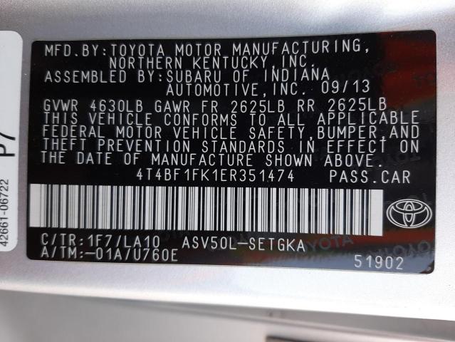 Photo 10 from auction – 2014 TOYOTA CAMRY L with VIN 4T4BF1FK1ER351474
