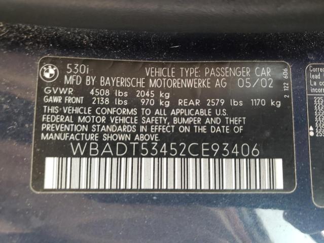 Photo 10 from auction – 2002 BMW 530 I with VIN WBADT53452CE93406