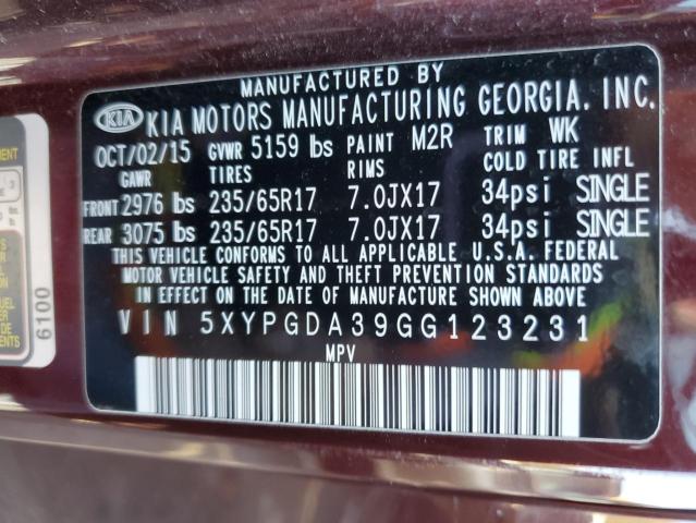 Photo 10 from auction – 2016 KIA SORENTO LX with VIN 5XYPGDA39GG123231