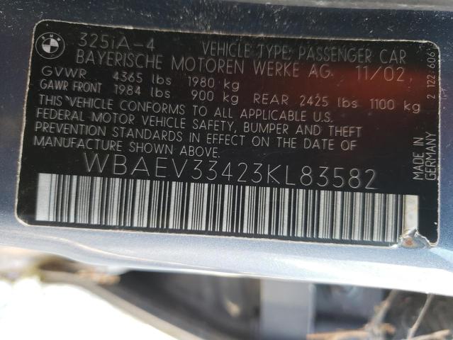 Photo 10 from auction – 2003 BMW 325 I with VIN WBAEV33423KL83582