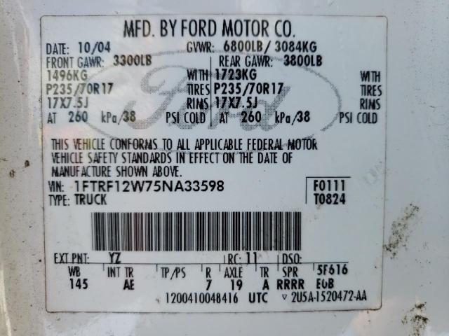 Photo 10 from auction – 2005 FORD F150 with VIN 1FTRF12W75NA33598