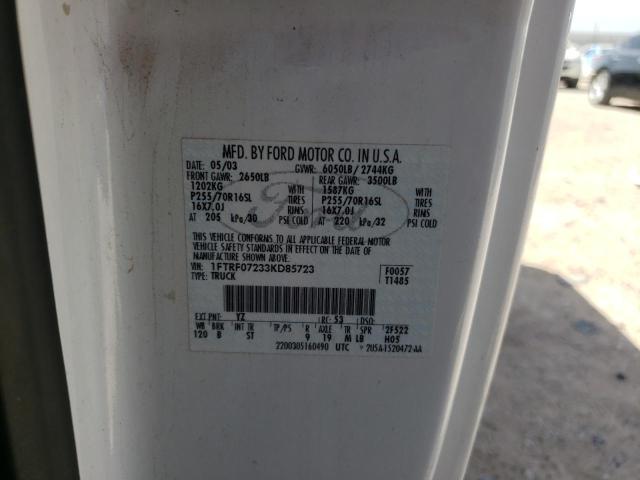 Photo 10 from auction – 2003 FORD F150 PU with VIN 1FTRF07233KD85723