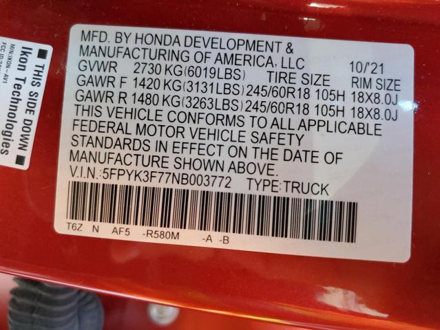 Photo 10 from auction – 2022 HONDA RIDGELINE with VIN 5FPYK3F77NB003772