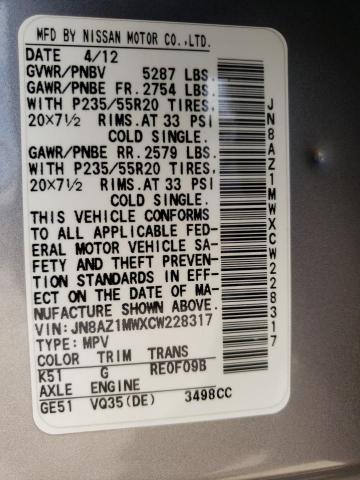 Photo 10 from auction – 2012 NISSAN MURANO S with VIN JN8AZ1MWXCW228317