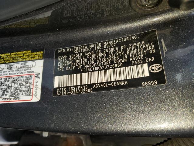 Photo 10 from auction – 2007 TOYOTA CAMRY CE with VIN 4T1BE46K97U728960