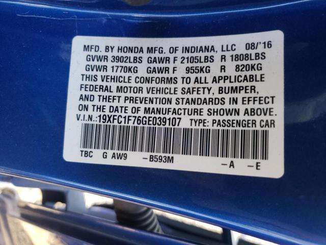 Photo 10 from auction – 2016 HONDA CIVIC EXL with VIN 19XFC1F76GE039107