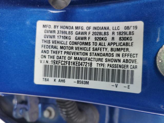 Photo 10 from auction – 2019 HONDA CIVIC with VIN 19XFC2F81KE047218
