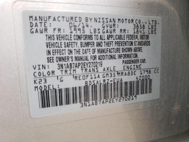 Photo 10 from auction – 2014 NISSAN SENTRA S with VIN 3N1AB7AP2EY270219