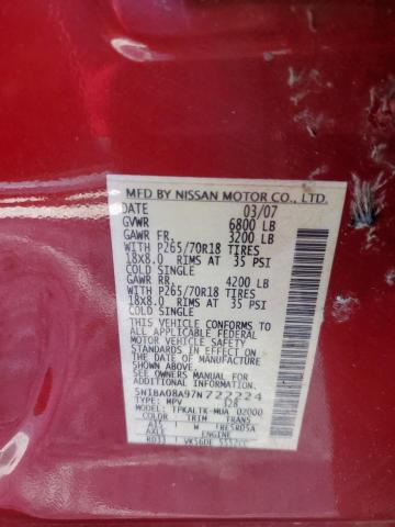 Photo 10 from auction – 2007 NISSAN ARMADA SE with VIN 5N1BA08A97N722224