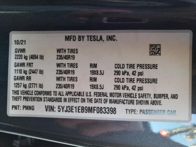 Photo 10 from auction – 2021 TESLA MODEL 3 with VIN 5YJ3E1EB9MF083398