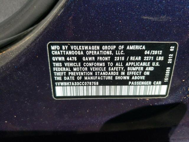 Photo 10 from auction – 2012 VOLKSWAGEN PASSAT SE with VIN 1VWBH7A33CC078758