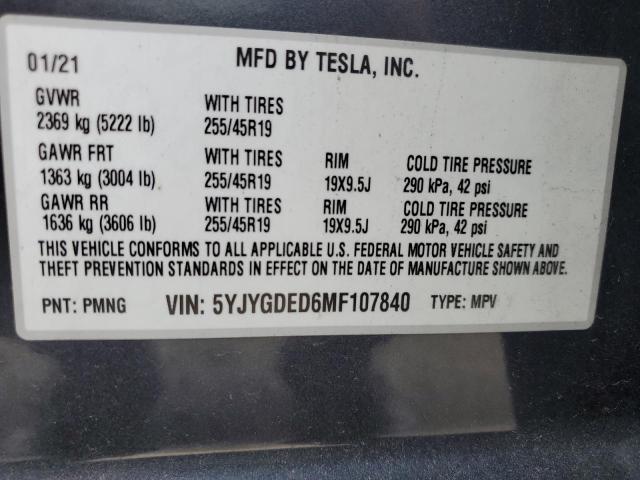 Photo 10 from auction – 2021 TESLA MODEL Y with VIN 5YJYGDED6MF107840