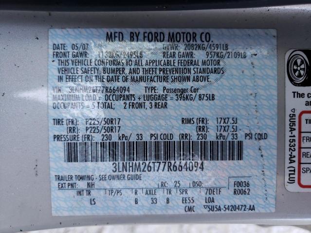 Photo 10 from auction – 2007 LINCOLN MKZ with VIN 3LNHM26T77R664094
