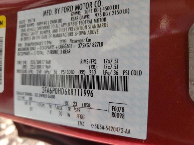 Photo 10 from auction – 2019 FORD FUSION SE with VIN 3FA6P0HD6KR111996