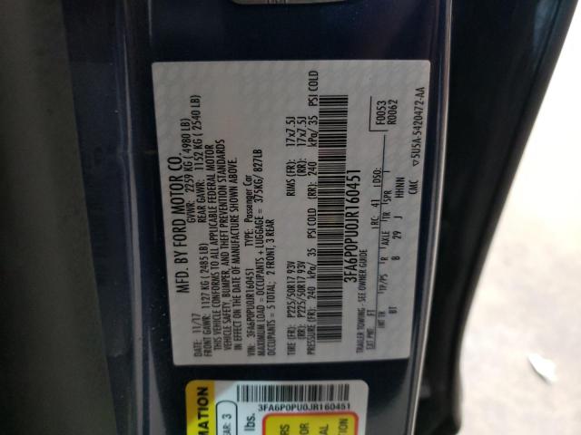 Photo 10 from auction – 2018 FORD FUSION SE with VIN 3FA6P0PU0JR160451