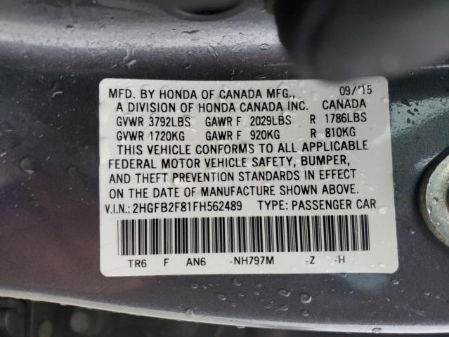 Photo 10 from auction – 2015 HONDA CIVIC EX with VIN 2HGFB2F81FH562489