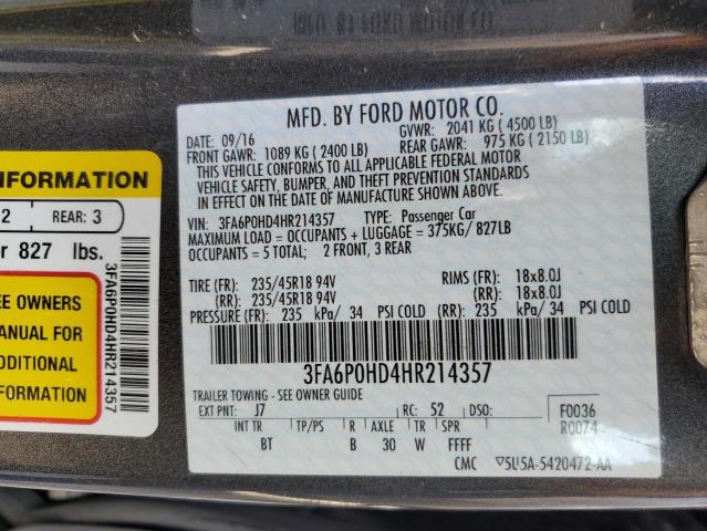 Photo 10 from auction – 2017 FORD FUSION SE with VIN 3FA6P0HD4HR214357