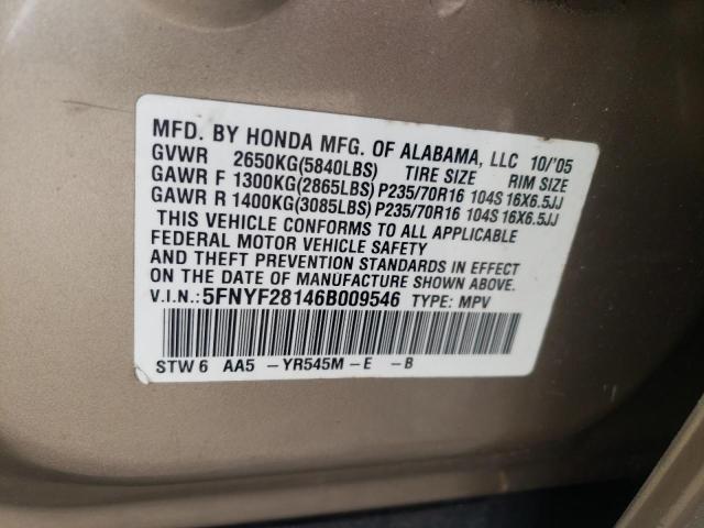 Photo 10 from auction – 2006 HONDA PILOT LX with VIN 5FNYF28146B009546