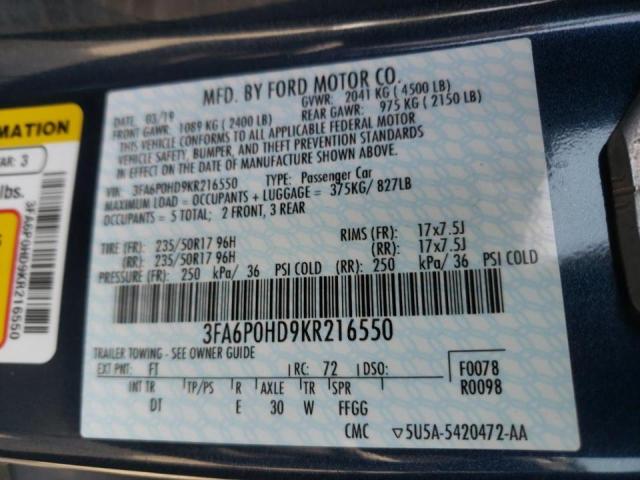 Photo 10 from auction – 2019 FORD FUSION SE with VIN 3FA6P0HD9KR216550