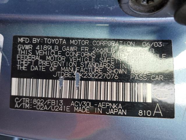 Photo 10 from auction – 2003 TOYOTA CAMRY LE with VIN JTDBE30K230227076