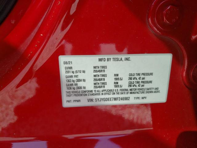 Foto 10 de la subasta – 2021 TESLA MODEL Y con VIN 5YJYGDEE7MF246982