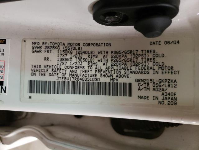Photo 10 from auction – 2004 TOYOTA 4RUNNER LI with VIN JTEBU17R840051030
