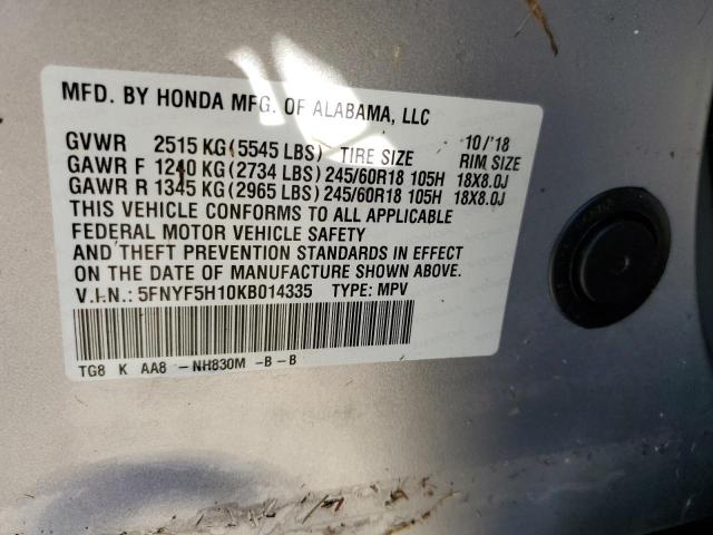 Photo 10 from auction – 2019 HONDA PILOT LX with VIN 5FNYF5H10KB014335