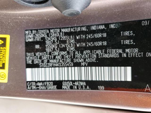 Foto 10 de la subasta – 2019 TOYOTA HIGHLANDER con VIN 5TDZZRFH4KS355459