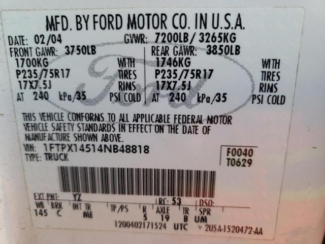 Photo 10 from auction – 2004 FORD F150 with VIN 1FTPX14514NB48818