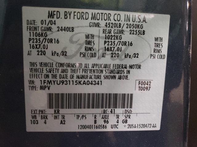 Photo 10 from auction – 2005 FORD ESCAPE XLT with VIN 1FMYU93115KA04341