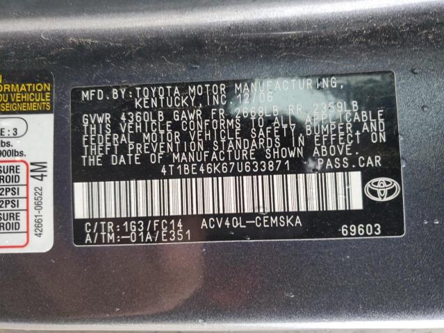 Photo 10 from auction – 2007 TOYOTA CAMRY CE with VIN 4T1BE46K67U633871