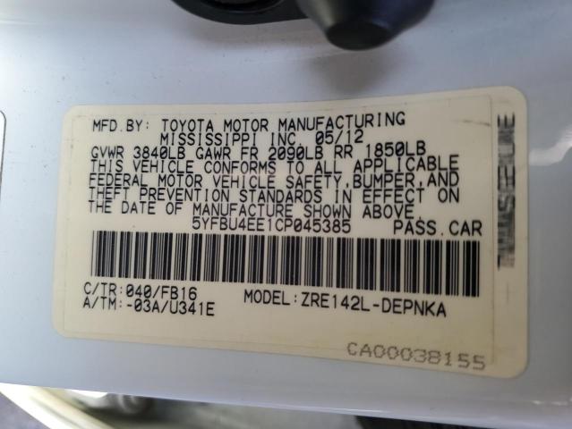 Photo 10 from auction – 2012 TOYOTA COROLLA BA with VIN 5YFBU4EE1CP045385