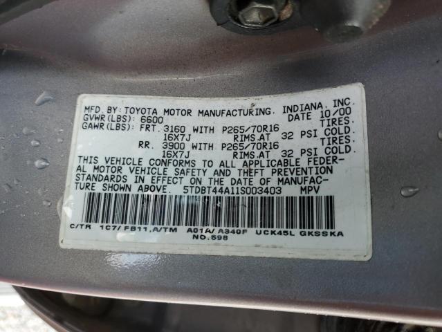 Photo 10 from auction – 2001 TOYOTA SEQUOIA SR with VIN 5TDBT44A11S003403